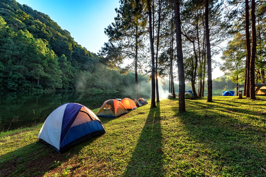Camping And Tent Under The Pine Forest Near Water Outdoor In Morning And Sunset At Pang-Ung, Pine Forest Park , Mae Hong Son, North Of Thailand