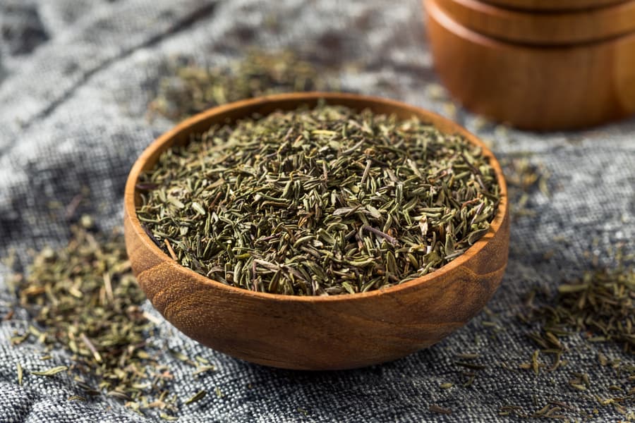 Dry Organic Thyme Spice In A Bowl