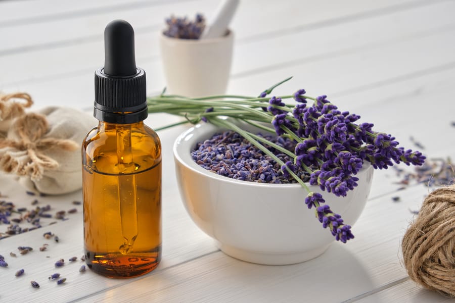 Essential Lavender Oil, Mortar Of Dry Lavender Flowers