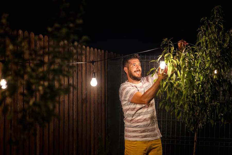 Happy Man Adjusting String Light On Tree