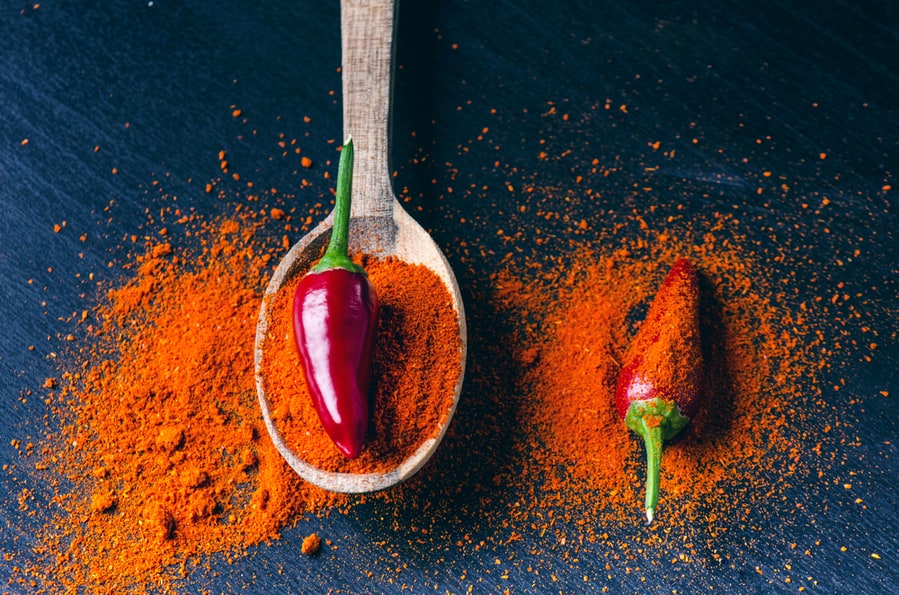 Red Chili Peppers, Spicy On A Wooden Spoon