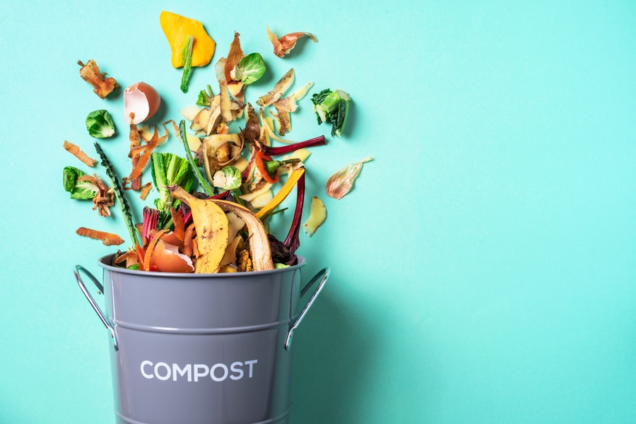 Trash Bin For Composting With Leftover From Kitchen On Blue Background