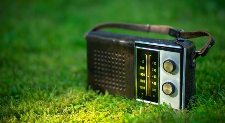 A Small Portable Radio Stands On The Grass In Summer.