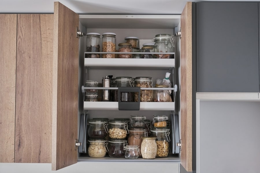Food Grains, Nuts, Cereals In Glass Jars In Kitchen Cupboard