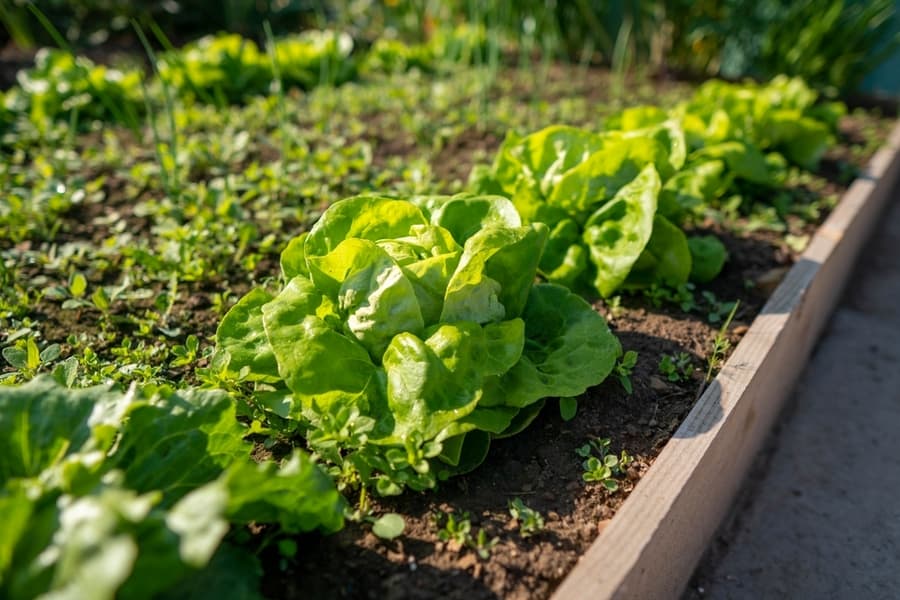 Green Lettuce Leaves Planted On Raised Beds In The Garden.