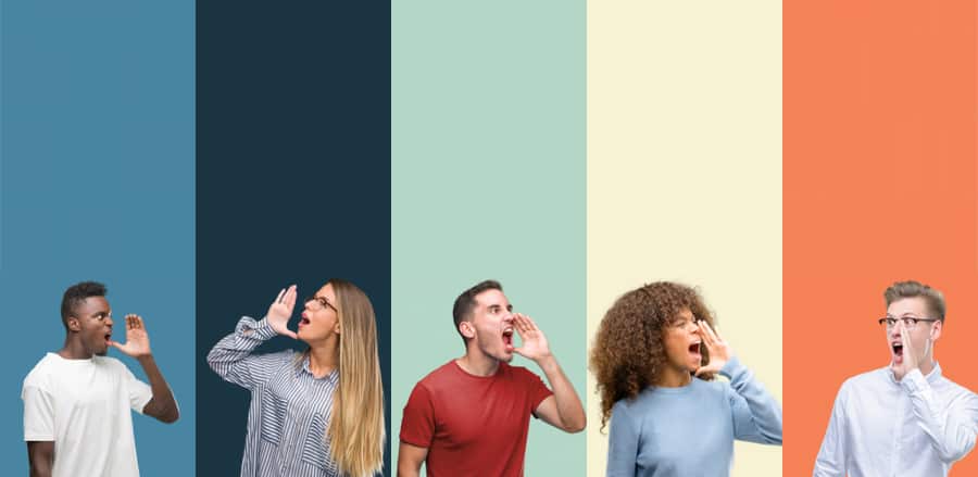 Group Of People Over Vintage Colors Background Shouting And Screaming Loud To Side With Hand On Mouth.