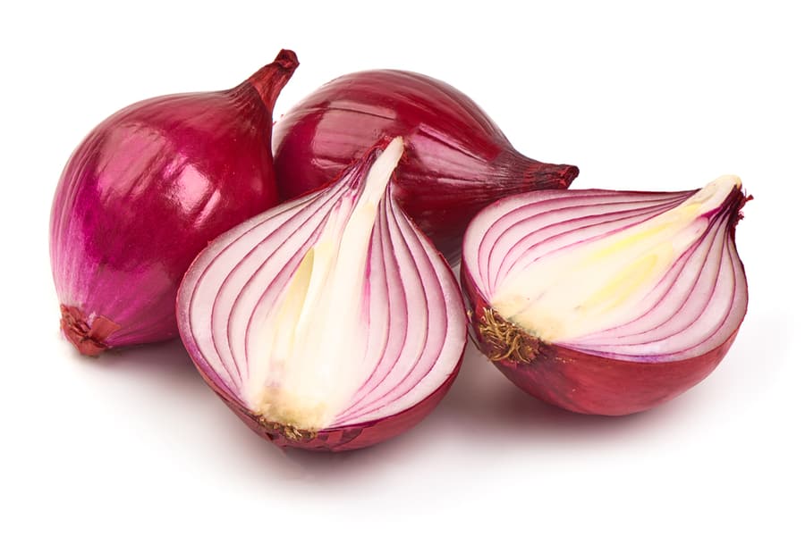 Red Onion Bulbs With Halves, Isolated On White Background.