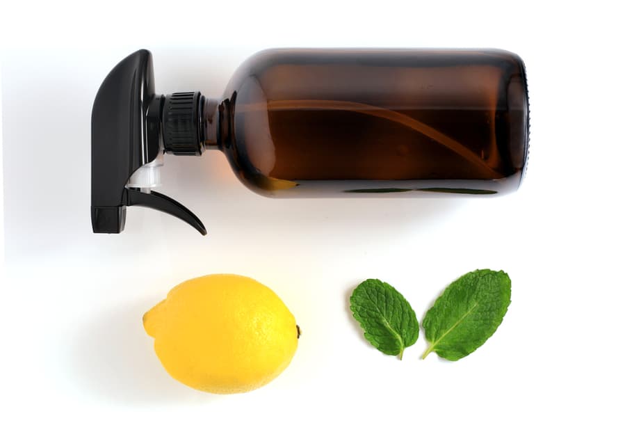 Spray Bottle For Cleaning With A Lemon And Peppermint Leaves