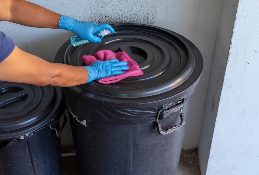 Woman Cleaning The Trash Bins