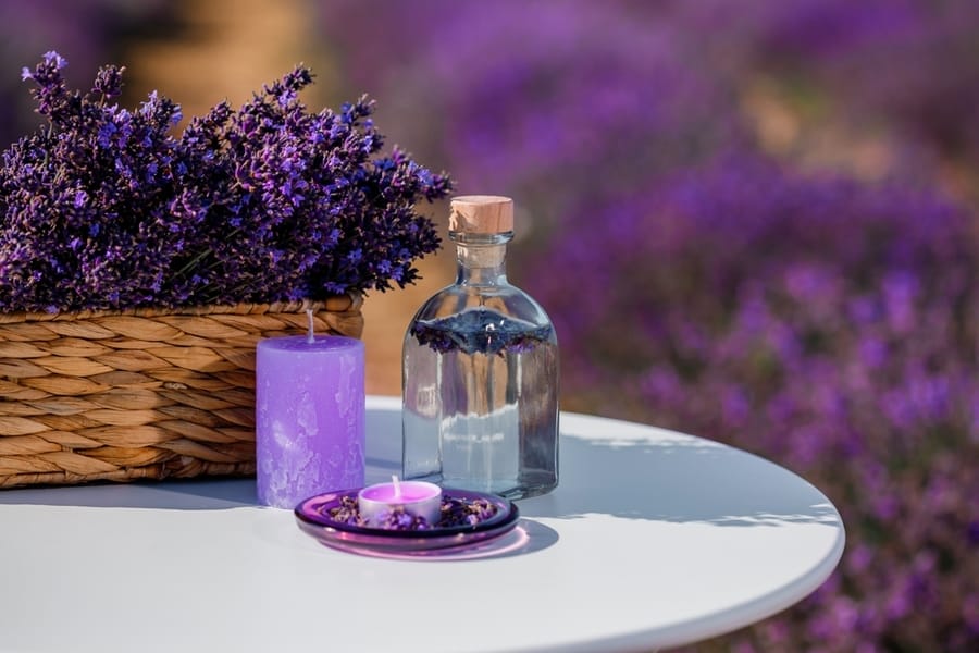 Basket With Beautiful Lavender In The Field In Provance With Lavander Water And Candles.
