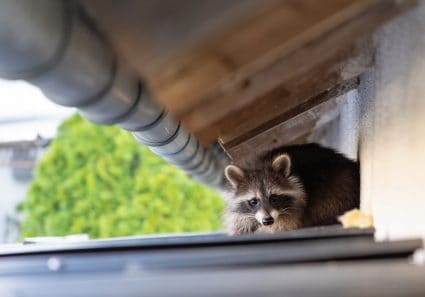 Frightened Raccoon Sits On A Shed Roof