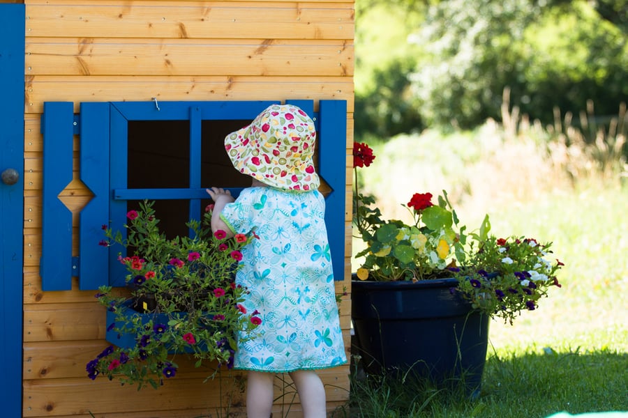 Garden Play House With Blue Windows And Blooming Flowers