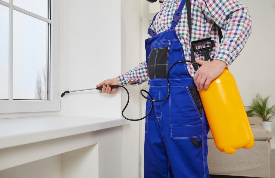 Male Exterminator In Overall Uniform Workwear Spraying Insecticide Over A Modern White Window And Sill Inside The House