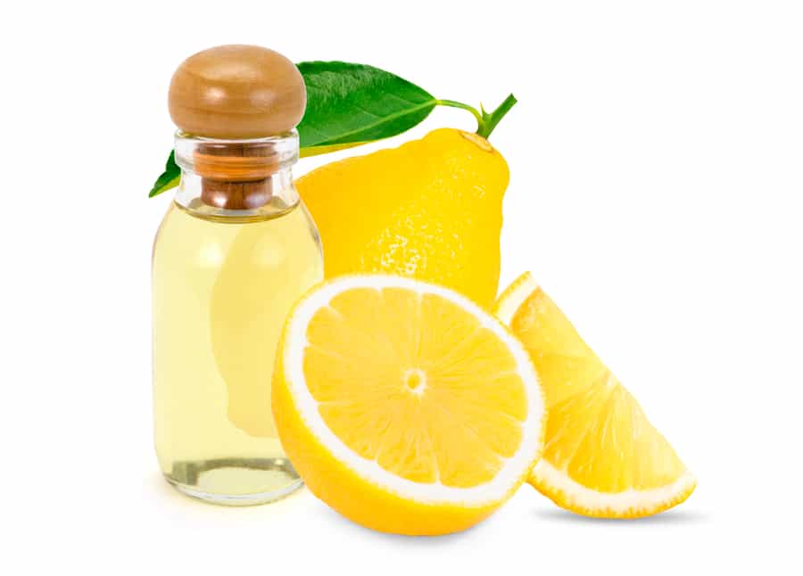 Glass Bottle Of Lemon Essential Extract Aroma Oil And Fresh Organic Limon Fruit With Slice Isolated On White Background.