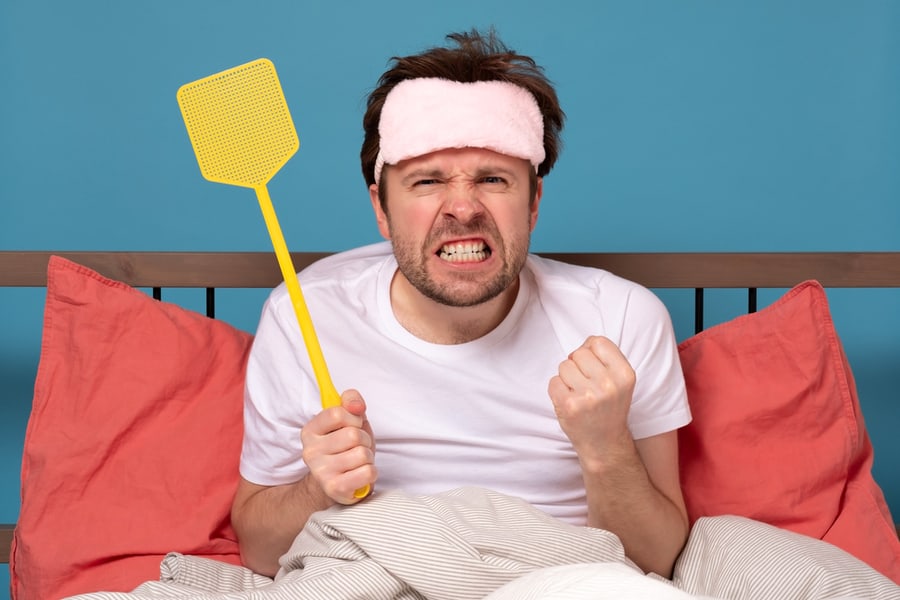 Man Holding A Fly Swatter Wanting To Kill Annoying Mosquito