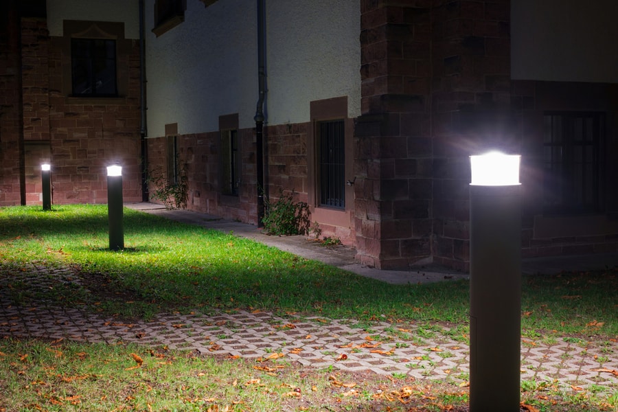 Outdoor Lights (Lanterns, Bollards) In Front Of An Old Administration Building